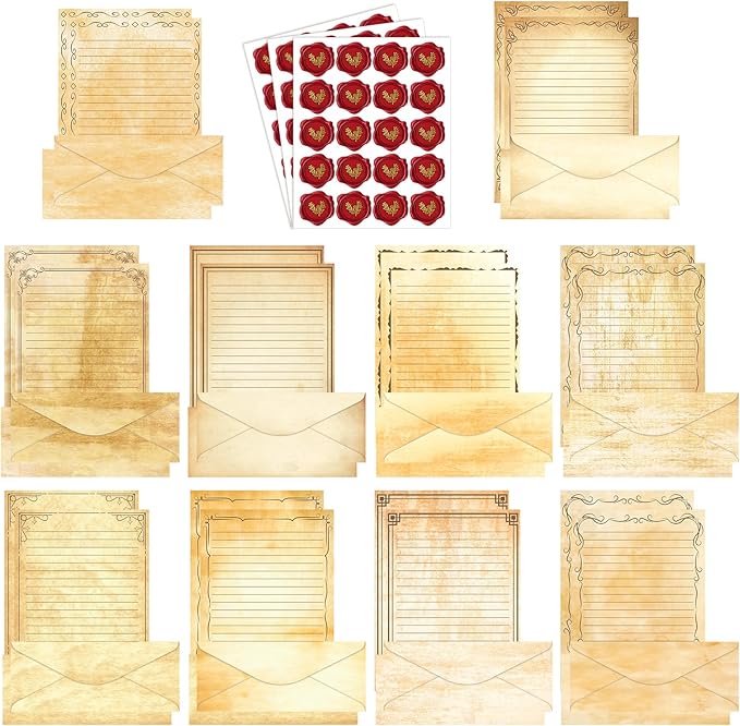 TaoBary 160 Pcs Stationery Paper Set 50 Double Sided Stationery Papers with 50 Matching Envelopes and 60 Round Dot Sticker, 10 Design(Light Vintage,8.5 x 11 Inch)