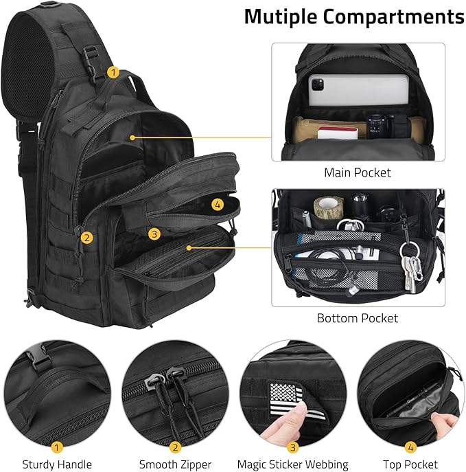 CVLIFE Tactical Sling Bag Backpack for Men Military Shoulder Sling Bag Molle Army Assault Detachable Tactical Bag with Bottle Holder Concealed Carry Daily Day Pack Work Bag for EDC Hiking, Black