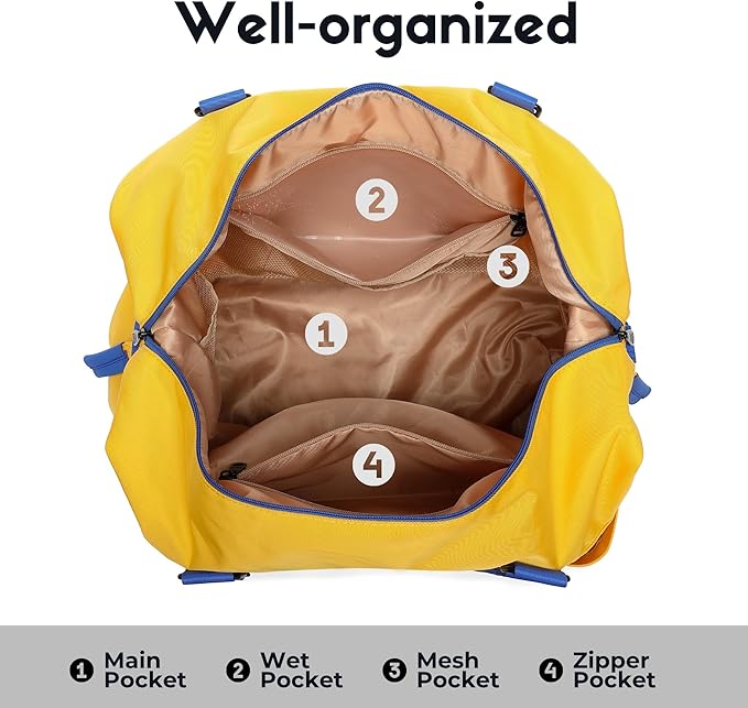 SUNNY BIRD Duffel with Utility Pouch, 40L Weekender Overnight Bag with Shoe Compartment for Travel and Sports (Yellow and blue)