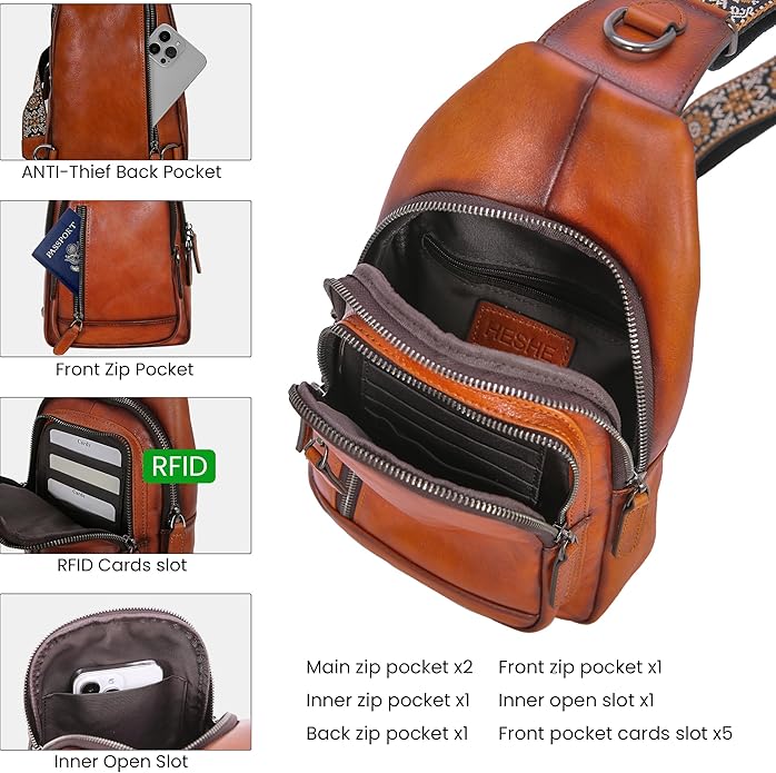 HESHE Leather Sling Bag for Women Crossbody Bags with Multi-Pocket Stylish Fanny Packs for Travel Chest Bag