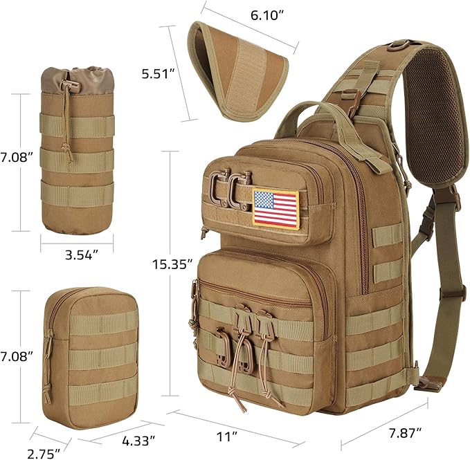 CVLIFE Tactical Sling Bag Backpack for Men Military Shoulder Sling Bag Molle Army Assault Detachable Tactical Bag with Bottle Holder Concealed Carry Daily Day Pack Work Bag for EDC Hiking, Khaki
