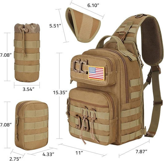 CVLIFE Tactical Sling Bag Backpack for Men Military Shoulder Sling Bag Molle Army Assault Detachable Tactical Bag with Bottle Holder Concealed Carry Daily Day Pack Work Bag for EDC Hiking, Khaki