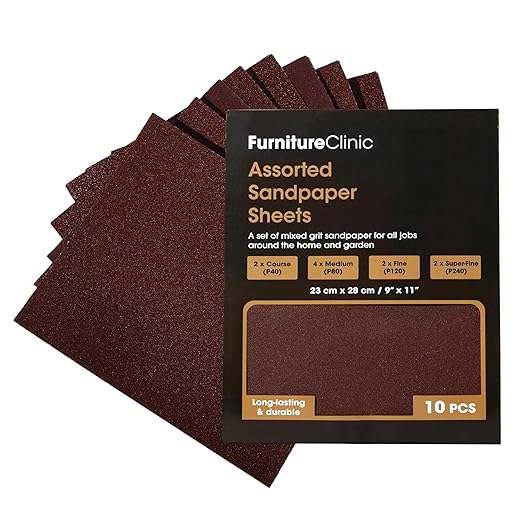 Furniture Clinic Pack of 10 Sandpaper Sheets for Wood, Walls, Metal and Furniture - for Hand, Sanding Block or Sander Use - 2 x Coarse, 4 x Medium, 4 x Fine Grades (P40, P80, P120, P240)