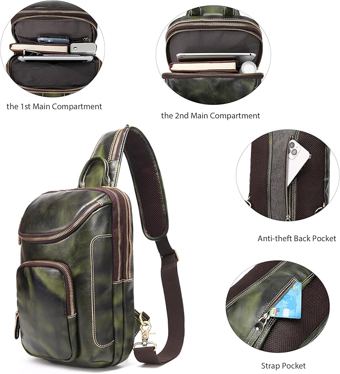 LANNSYNE Vintage Full Grain Leather Sling Bag Crossbody Chest Daypack