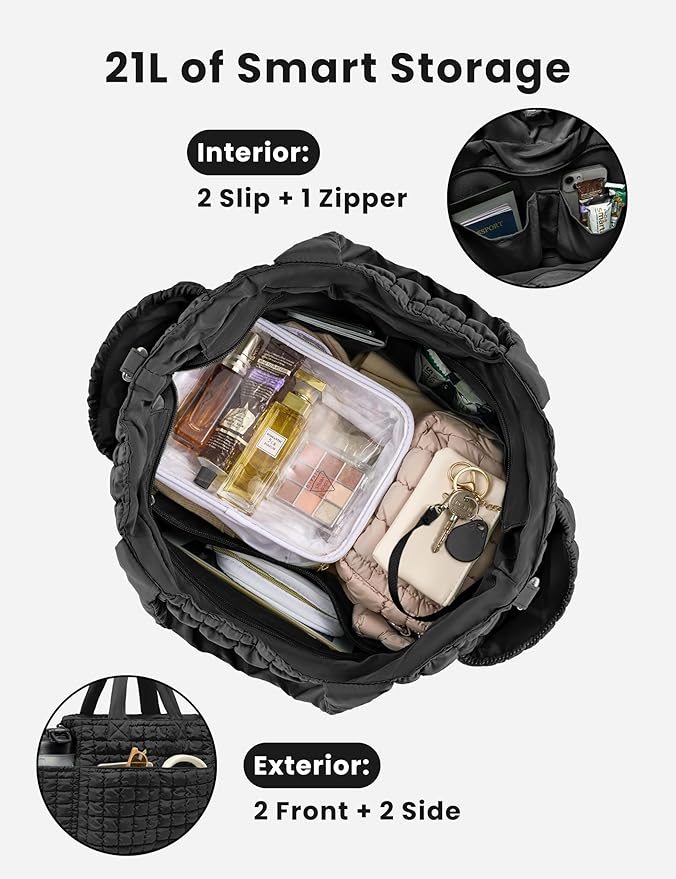 Yarnic Large Puffer Tote Bag for Women, Lightweight 21L Bag with 7 Pockets for School, Travel, Work, Gym Overnight Use