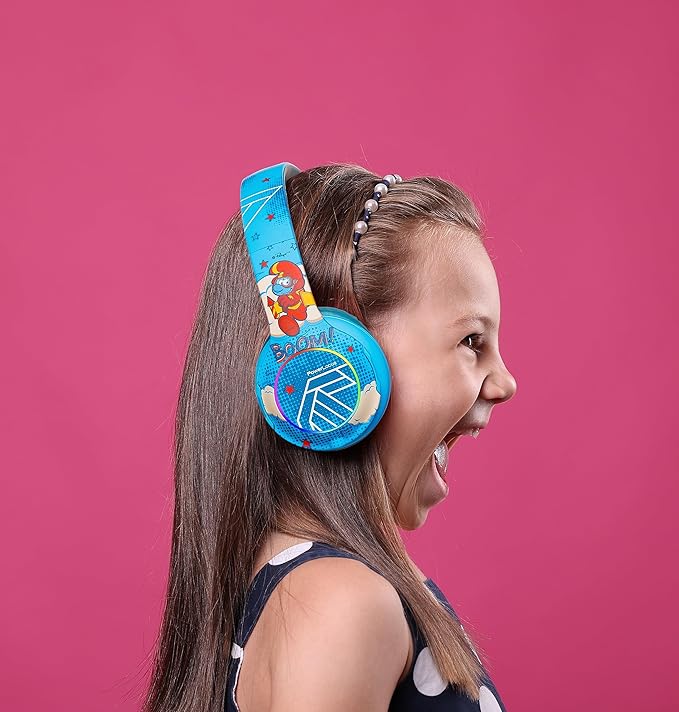 PowerLocus The Smurfs Kids Headphones, Bluetooth Headphones Over Ear for Kids with LED Lights, 74/85/94dB Volume Limited, Micro SD/TF, Foldable with Hi-Fi Stereo, Built-in Mic for School/Tablet/Travel
