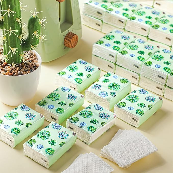 100 Pack Facial Tissue Mini Paper Pocket Tissues Small Size Travel Tissue Packs for Wedding Party Favors Graduation Celebration, 3 Ply, 2.8 x 2.2 In(Succulent)