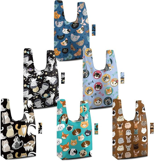 BeeGreen Reusable Grocery Bags 6 Pack - Foldable, Heavy Duty Shopping Tote Bags with Zipper Pouch, Large Capacity (50+ Lbs), Animal Prints Designs for Women & Men, Machine Washable