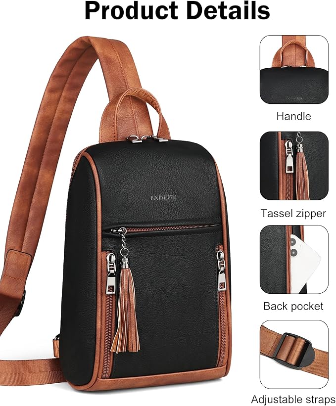 FADEON Sling Bag for Women, Crossbody Purse with Tassels, Designer Leather Shoulder Chest Bags for Travel