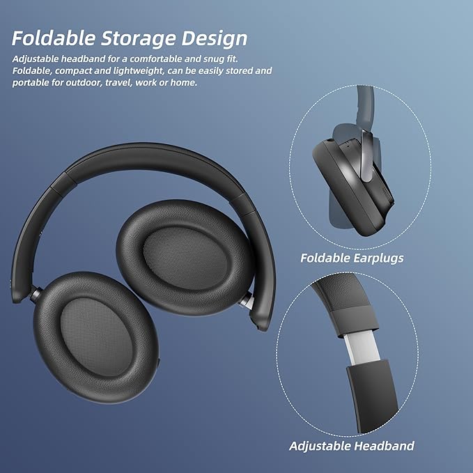 FunHub Active Noise Cancelling Headphones,Wireless Headphones BT 6.0 with Transparent Mode,Hi-Res Audio,Deep Bass,160H Playtime Foldable Storage Over Ear Headset for Gaming/Work/Travel-Black