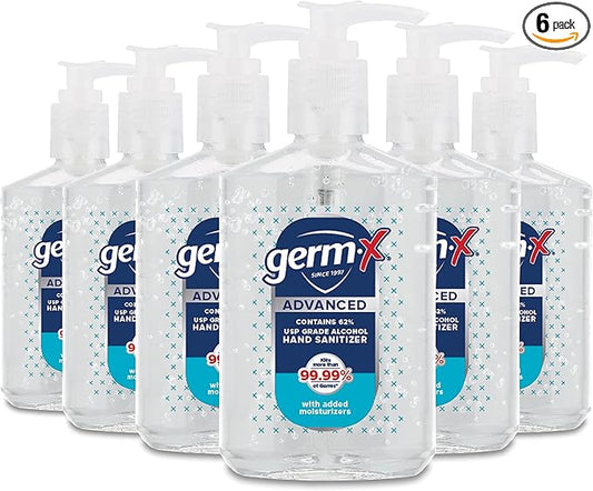 Germ-X Advanced Hand Sanitizer, Non-Drying Moisturizing Clear Gel, Instant and No Rinse Formula, Back to School Supplies College, Pump Bottle, 8 Fl Oz (Pack of 6)