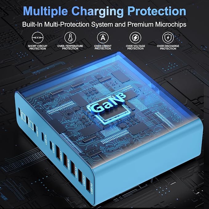 420W USB C Charger Block,10-Port Charging Station GaN Fast Charging Type C & USB A Wall Charger Adapter for MacBook Pro/Air,iPhone,iPad,Dell XPS,Samsung Galaxy(Blue)