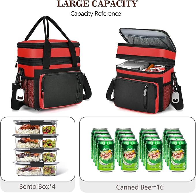 LOKASS Lunch Bag & Lunch Box for Men Women - Double Deck Expandable Insulated Waterproof Leakproof Cooler Bag for Work/Picnic - Red