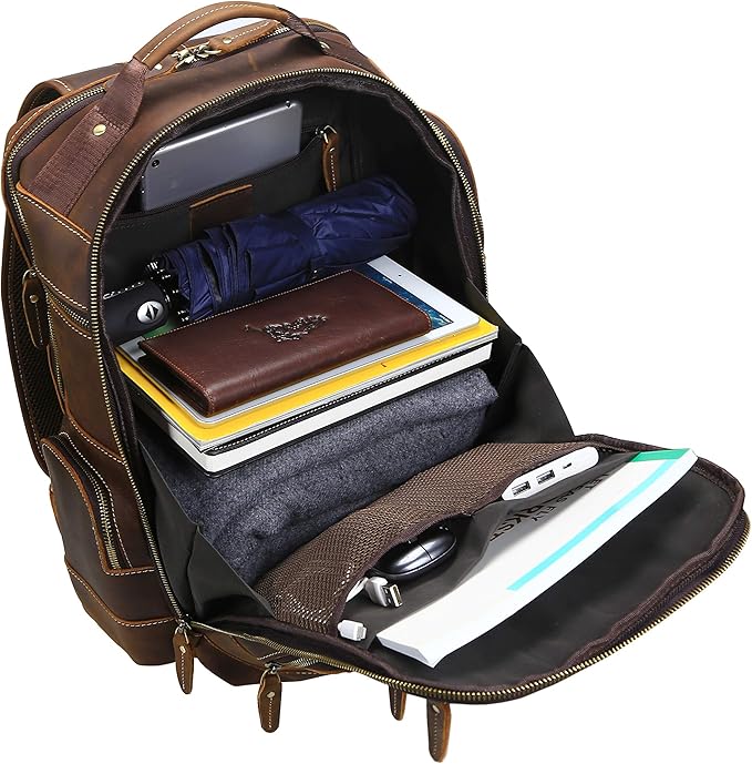 LANNSYNE Men's Vintage Full Grain Leather 15.6 Inch Laptop Backpack Camping Travel 24L Rucksack