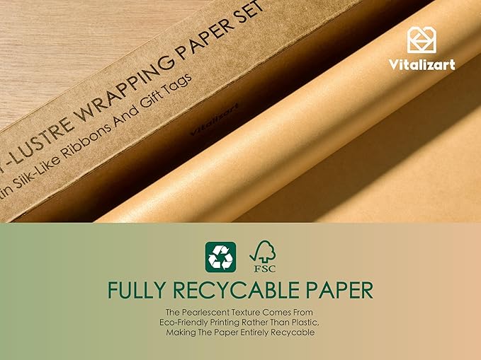 Vitalizart Gold Wrapping Paper Set 17" Pearly-Lustre With Silk Like Satin Ribbon & Gift Tags Recyclable Eco-Friendly Christmas Gift Wrapping Birthday Baby Shower Wedding Handmade Crafts 197"(16.4 Ft)