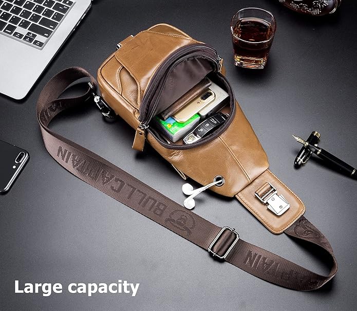 BULLCAPTAIN Genuine Leather Men Sling Backpack Multi Pocket Crossbody Chest Bags Travel Hiking Daypack