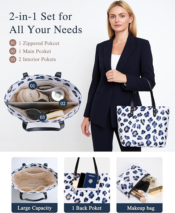 Nylon Tote Bag for Women, Floral 2-in-1 Set with Makeup Bag, Waterproof Large Capacity Shoulder Purse for Travel & Gift