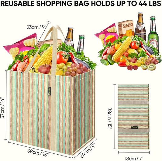 BALEINE 4 PK Grocery Bags Reusable Shopping Bags with Reinforced Bottom, Heavy Duty Foldable Tote Bags (Color Strip)