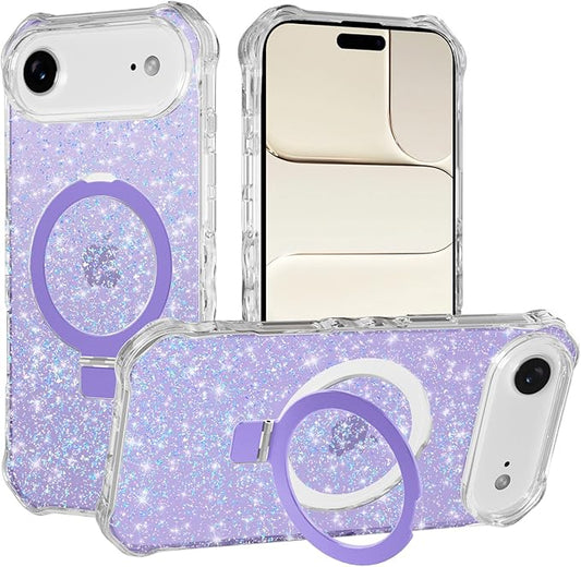 Magnetic for iPhone Air Case with Invisible Stand, Compatible with MagSafe, Clear Bling Sparkle Shockproof Slim Anti-Slip Military Drop Protection Hard Phone Case 6.5" Glitter Purple