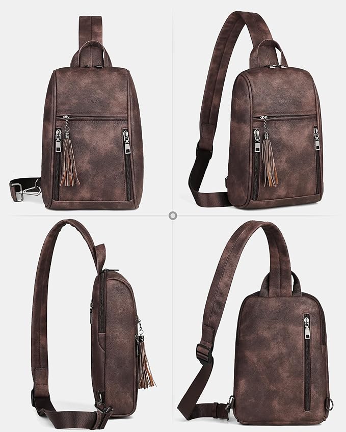 FADEON Sling Bag for Women, Crossbody Purse with Tassels, Designer Leather Shoulder Chest Bags for Travel
