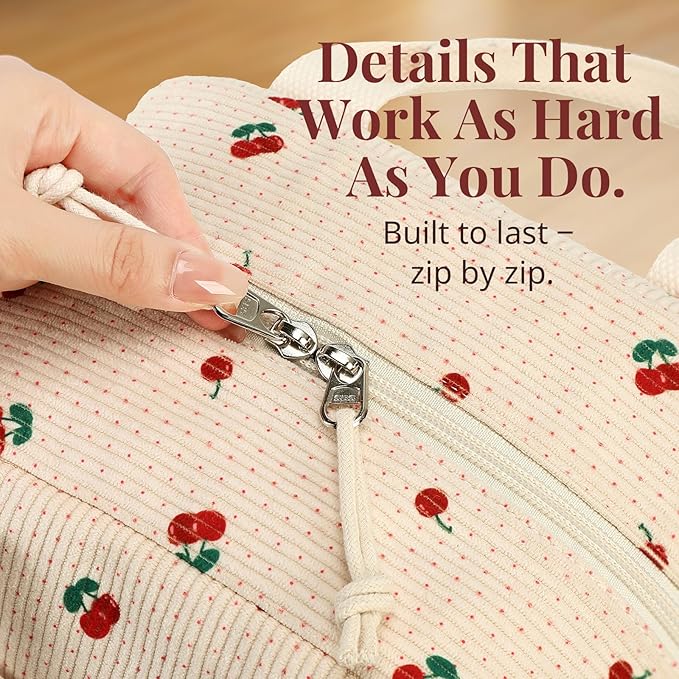Insulated Cherry Lunch Bag for Women, Stylish Corduroy Tote with Aluminum Lining, Large Capacity Reusable Cooler for Work, Travel, Beach or Picnic, Beige Cream Water-Resistant Lunch Box