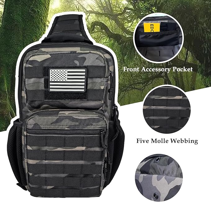 Tactical Shoulder Sling Bag, Small Chest Pack, 13L Backpack for Men Outdoor Sports, Black Camo