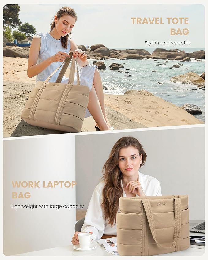LOVEVOOK Tote Bag for Women, Large Puffer Work Tote Bag for 15.6 Inch Laptop, Lightweight Travel Tote with Zipper Gifts for Women