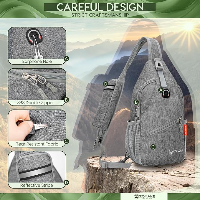 ZOMAKE Sling Bag,Small Crossbody Sling Backpack,Water Resistant Shoulder Daypack for Travel,Anti Thief Chest Bag for Hiking(Gray-Black)