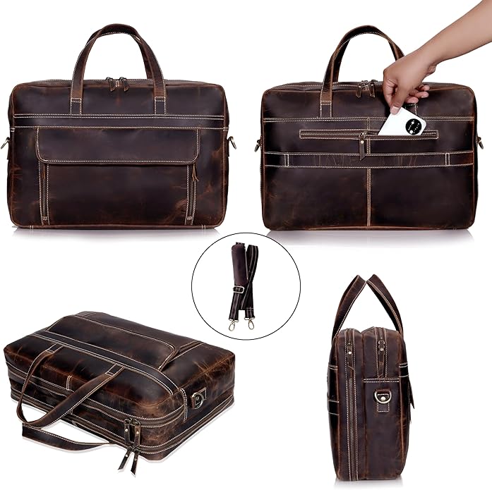 HLC 18 Inch Full Grain Leather Briefcase messenger shoulder bags for men and women