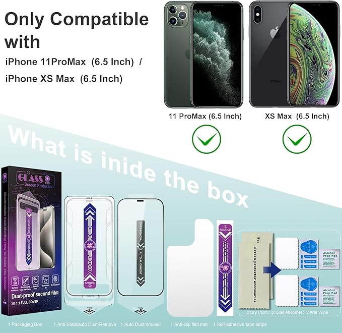 2 Pack Screen Protector Tempered Glass for iPhone 11 Pro Max and iPhone Xs Max 6.5-Inch Auto Dust Removal, No Bubbles, High Definition Clear, Easy Installation