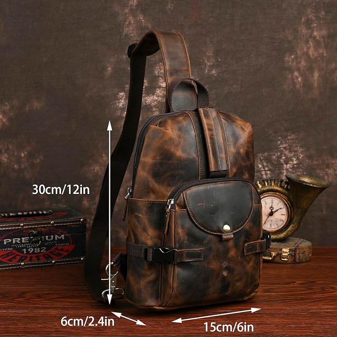 Thick Crazy horse Leather Triangle Crossbody Sling Chest Bag Travel One Shoulder Bag Daypack For Men Male 3028