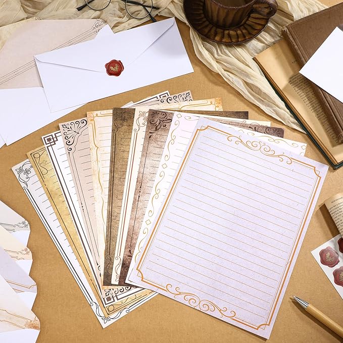 TaoBary 160 Pcs Stationery Paper Set 50 Double Sided Stationery Papers with 50 Matching Envelopes and 60 Round Dot Sticker, 10 Design(Retro,8.5 x 11 Inch)