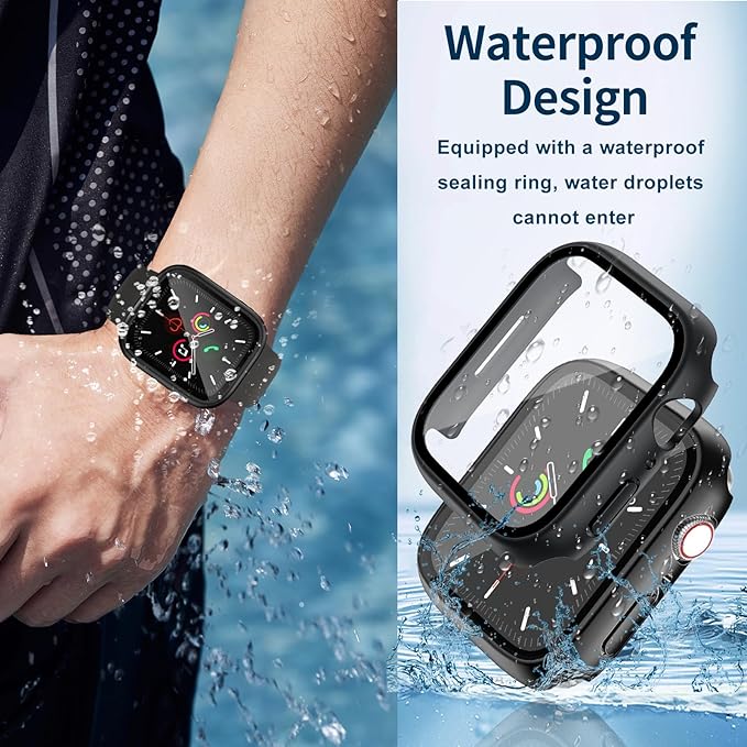 Waterproof Case for Apple Watch Series 9 Series 7 8 41mm, Built-in Screen Protector with Tempered Glass [Touch Sensitive] Cover for iWatch S9/S8/S7 Accessories 41mm, Black