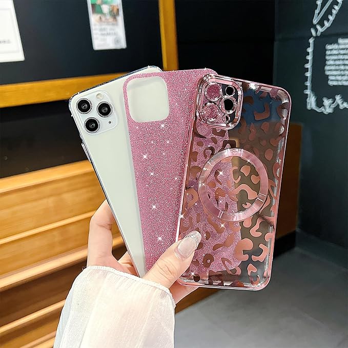 for iPhone 11 Pro Case Magnetic,Soft Cute Luxury Leopard Cheetah Pattern Plating Glitter Bling Phone Case Compatible with MagSafe Clear Shockproof Back Cover for Women Girl 5.8"-Pink