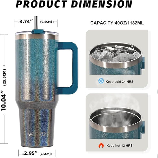 40 oz Shiny Tumbler with Handle and Straw,Stainless Steel Tumbler with Lid and Straw,Insulated Travel Mug(Cold for 34 Hours),Water Bottle for Iced Tea,Coffee (Black Blue)