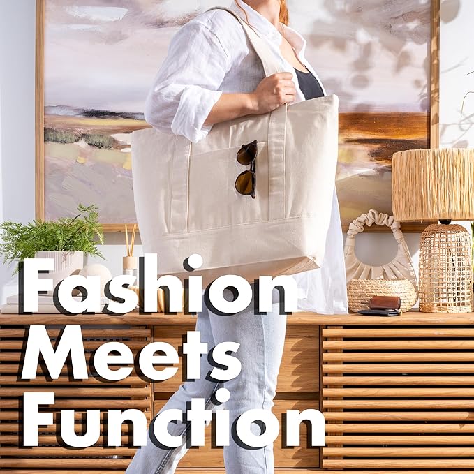 Carrywell |Not Made in China| Cotton Tote Bags, Reusable Grocery Shopping Bag with Zipper Closure and Front Pocket, Heavy Duty Organic Cloth w/Handles