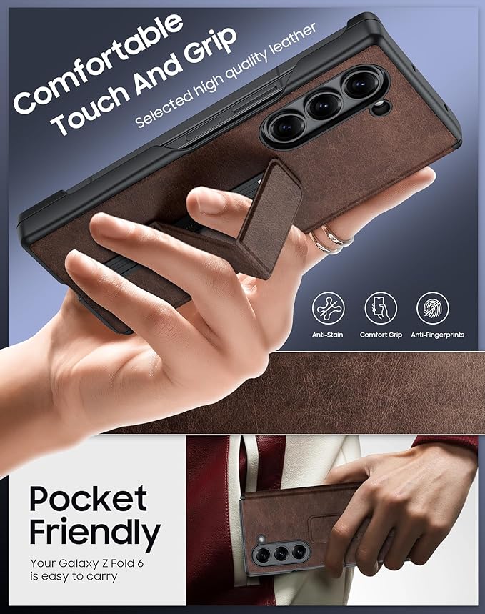 for Samsung Galaxy Z Fold 6 Case with Hand Strap & Kickstand & Hinge Protection, Ultra Slim Skin Feel Pattern Printing Full Body Shockproof Phone Case for Z Fold 6, No Screen Protector (Vintage Brown)