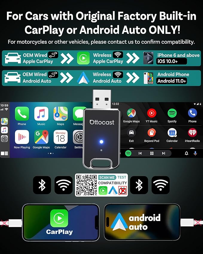 OTTOCAST Mini 2025 Wireless Carplay Adapter & Android Auto Wireless Adapter for Apple iPhone Samsung Android Phone 2-in-1, USB Car Accessories with 5 GHz Wi‑Fi Bluetooth 5.0 Voice Control Plug & Play