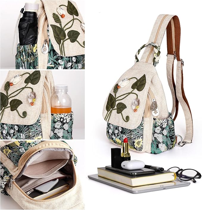 Girl's Convertible Sling Bag, Hand Craft Artisan Purse, Beautiful Canvas Premium Casual Day Mini Backpack for Women (Green Marsh)