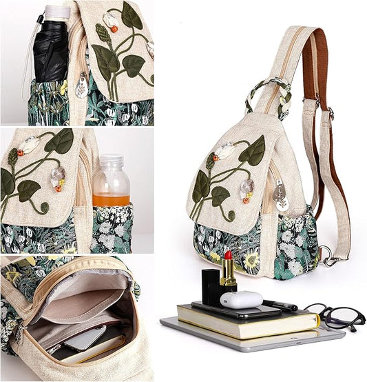 Girl's Convertible Sling Bag, Hand Craft Artisan Purse, Beautiful Canvas Premium Casual Day Mini Backpack for Women (Green Marsh)