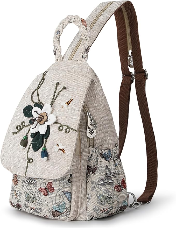 Ladys Convertible Sling Bag, Hand Craft Artisan Purse, Girls Beautiful Canvas Premium Casual Day Mini Backpack for Women (Flower Bee)
