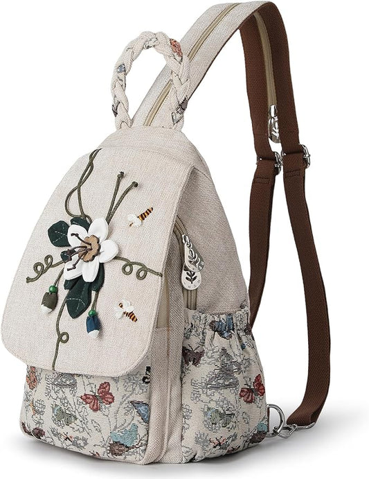 Ladys Convertible Sling Bag, Hand Craft Artisan Purse, Girls Beautiful Canvas Premium Casual Day Mini Backpack for Women (Flower Bee)