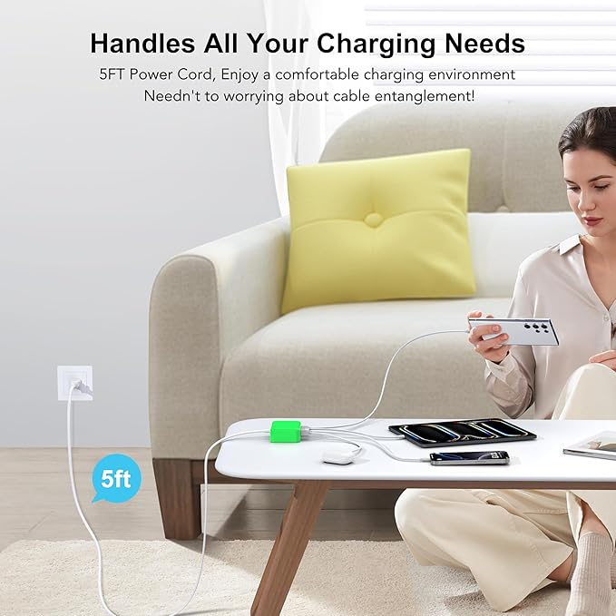 USB C Fast Charger, 100W GaN 6 Port Type C Charging Station Hub Block Cube, USB C Wall Charger Power Strip Adapter Plug for iPad iPhone 16 15 14 13 12 Pro Max Pixel Note Galaxy, 5ft Cord