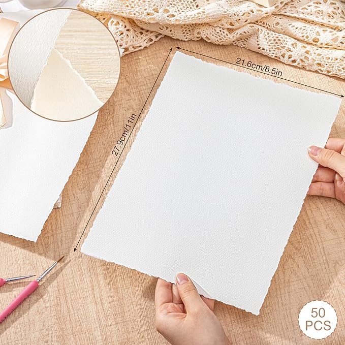 50 Sheets Watercolor Paper 8.5 x 11inch, 160 GSM Deckled Edge Paper Rough/Textured Handmade Paper for Wedding Invitations, Cards, Crafts