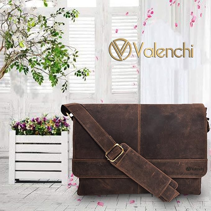 VALENCHI Leather Messenger Bag For Men, Women - 14" Leather Laptop Messenger Briefcase & Shoulder Bag - Office, Work, College, Casual - Gift For Him, Her - Father's day (BROWN VINTAGE)