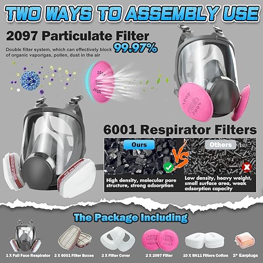 Full Face Respirator Gas Mask, 6800 Reusable Respirator Mask with Filters 6001 & 2097, Anti-fog, Dust-proof Organic Vapor Gas Mask for Painting, Welding, Sanding, Polishing, Dust, Woodworking