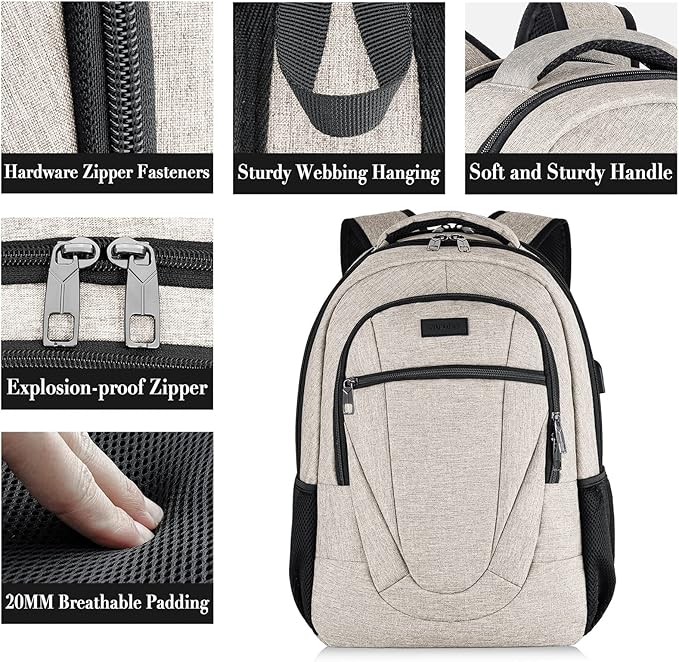 Backpack for Women and Men, Extra Large School Backpacks for Teens, Water Resistant Back Pack with USB Charging Port Fits 17 Inch Laptop, Business Anti Theft Sturdy Computer Bag Gifts, Beige