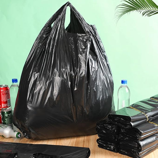 Kisston 400 Count Jumbo Size Plastic T Shirt Bags with Handles, 35 Mic, XX Large Plain Plastic T Shirt Grocery Bags, Thick and Heavy Duty (Black,32" x 19")