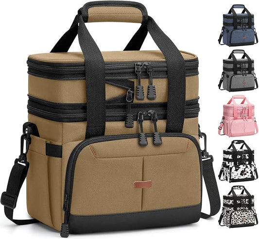 Lunch Box for Men Women Double Deck Insulated Lunch Bag for Men Woman Leakproof Expandable Cooler Bag with Adjustable Shoulder Strap for Work Picnic School(Khaki,16L)