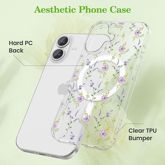ZTOFERA for iPhone 16 Magnetic Case Compatible with Magsafe,Aesthetic Floral Pattern Design Cute for Girl Women,Anti-Drop Protective Hard Phone Cover for iPhone 16-Purple Flower